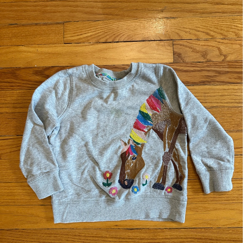 Mini Boden Gray Sweatshirt with Colorful Superstitch Horse Design